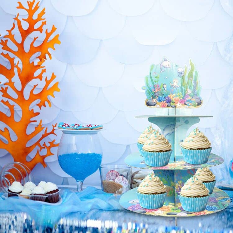 Ocean Baby Shower Decorations Under The Sea Cupcake Stand, 3 Tier Seabed Animal Watercolor Cupcake Holders Mermaid Creatures Theme Cake Plates Party for Boy Girl Welcome Party Supplies