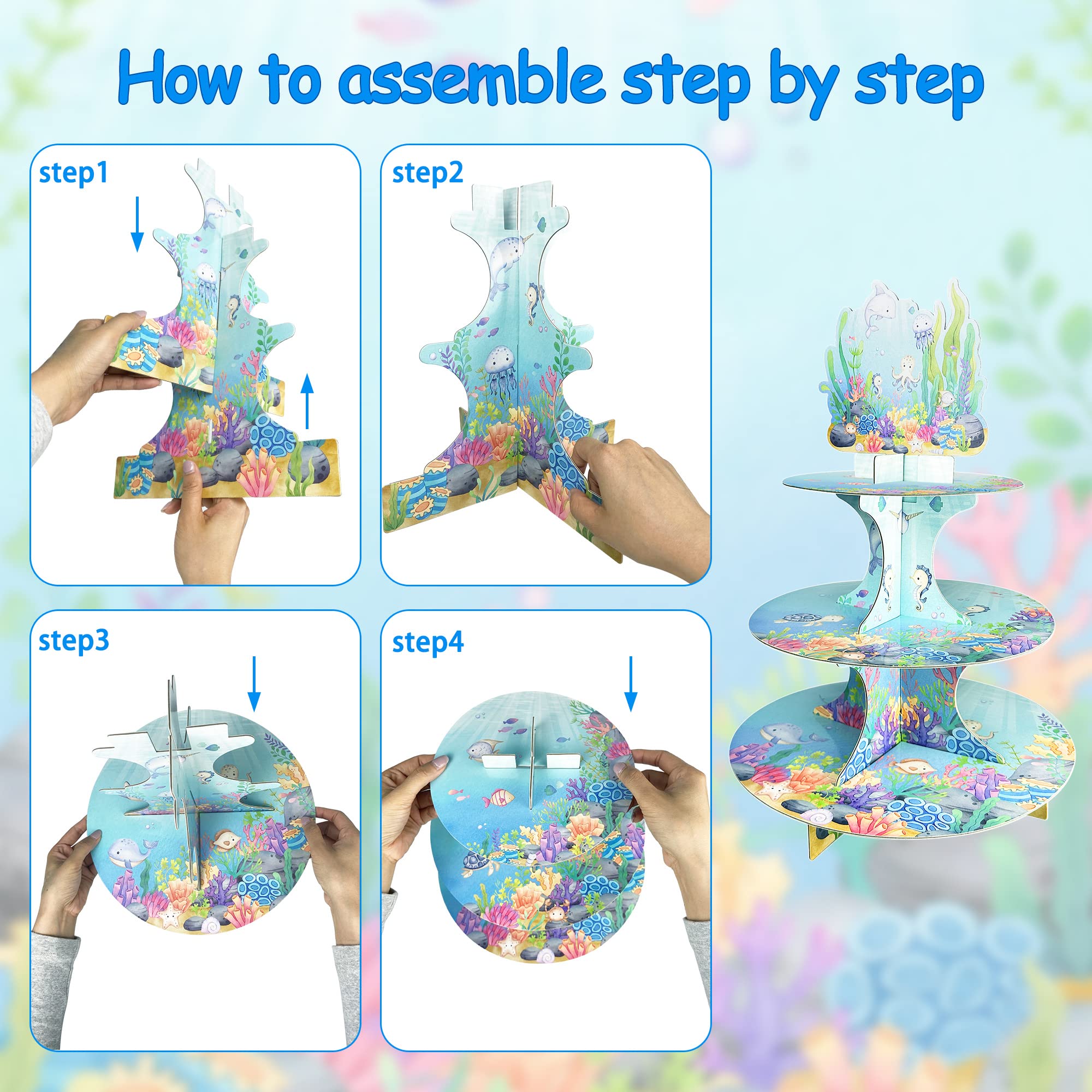 Ocean Baby Shower Decorations Under The Sea Cupcake Stand, 3 Tier Seabed Animal Watercolor Cupcake Holders Mermaid Creatures Theme Cake Plates Party for Boy Girl Welcome Party Supplies