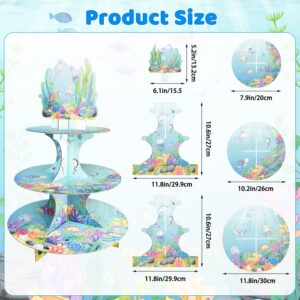 Ocean Baby Shower Decorations Under The Sea Cupcake Stand, 3 Tier Seabed Animal Watercolor Cupcake Holders Mermaid Creatures Theme Cake Plates Party for Boy Girl Welcome Party Supplies