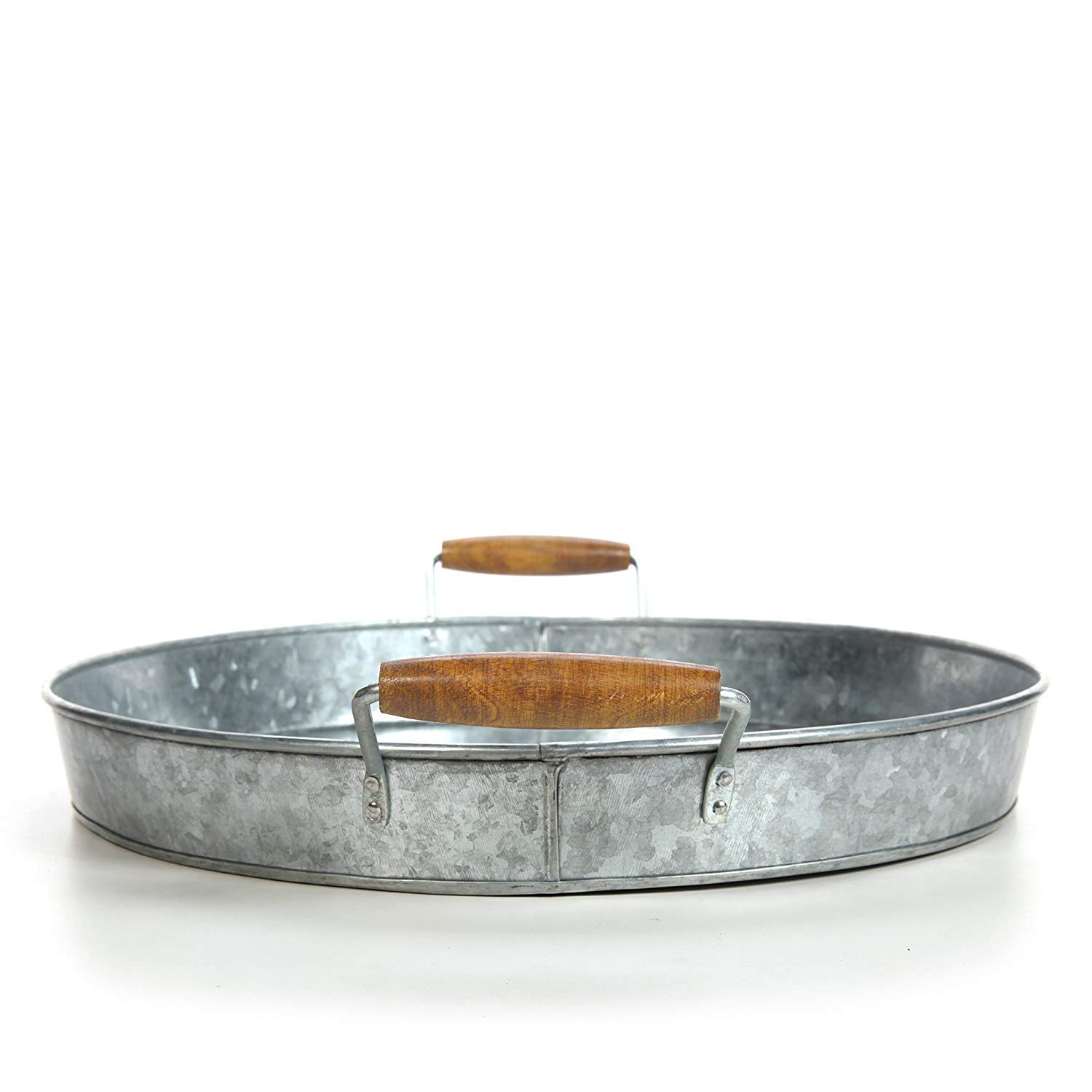 Gathery Galvanized Round Tray w/Wooden Handles for Home, Office, Party, Wedding, Spa, Serving (Original)