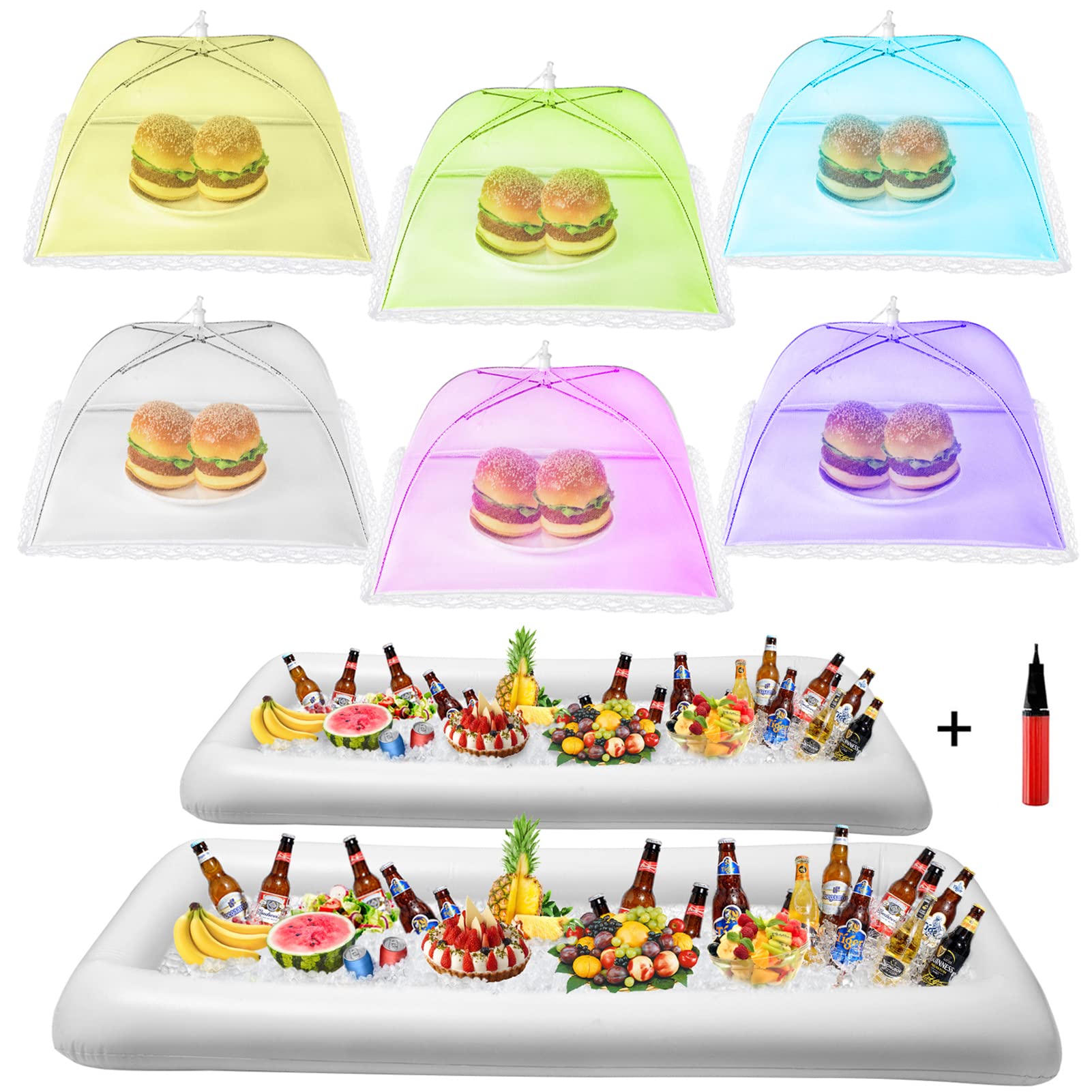 HBlife Inflatable Serving Bar & Food Umbrella Mesh Cover Screen Tent Set, Party Supplies Set for Picnics Pool Bar Outside, 2 Inflatable Tray, 6 Food Tents/Food Covers for Outdoors (Color)