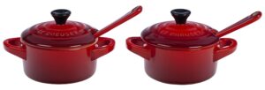 le creuset stoneware set of 2 condiment dish and spoon set, cherry