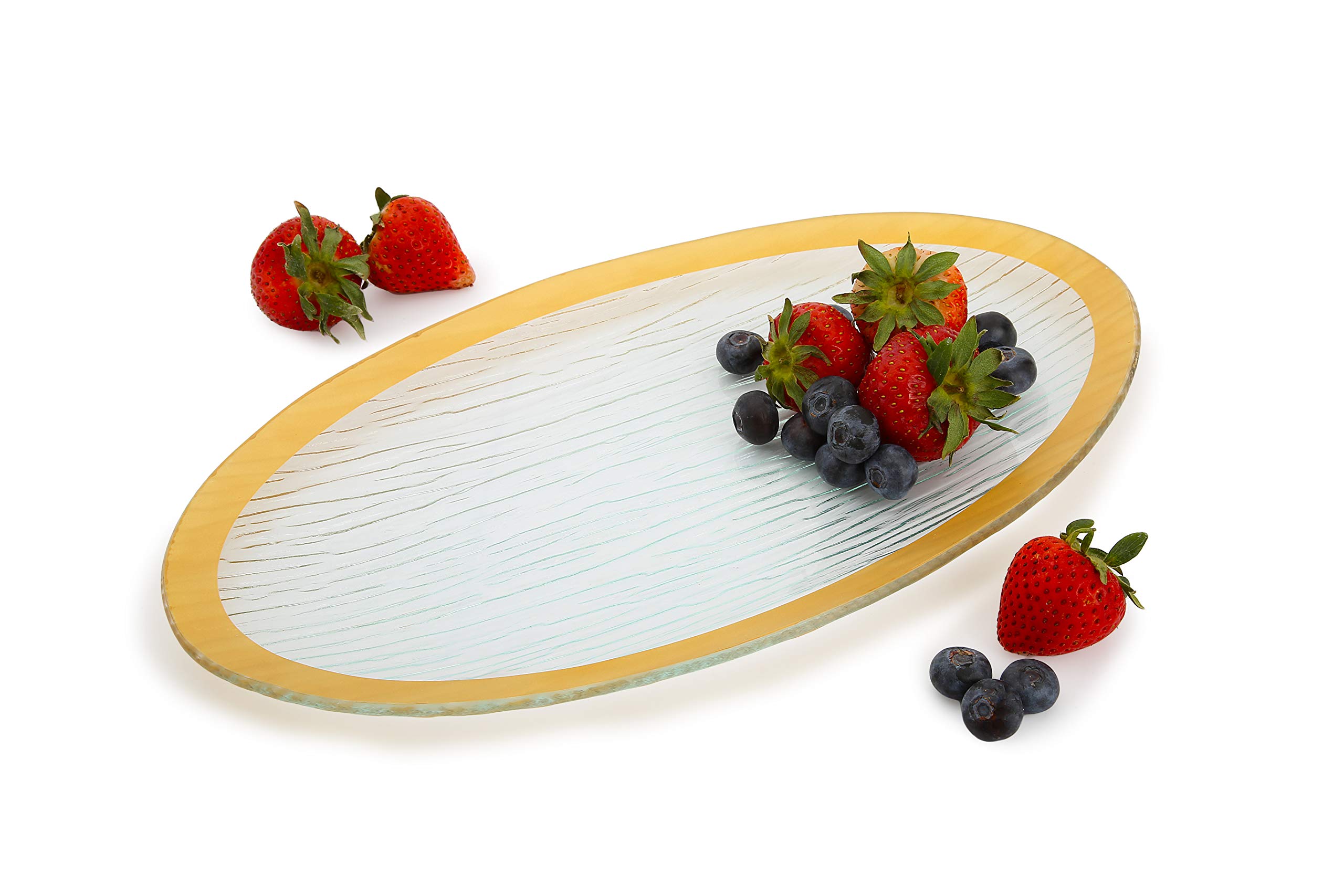 GAC Tempered Glass Oval Platter Serving Tray - Break and Chip Resistant - Oven Proof - Microwave and Dishwasher Safe - Silver Trim Decorative Plate