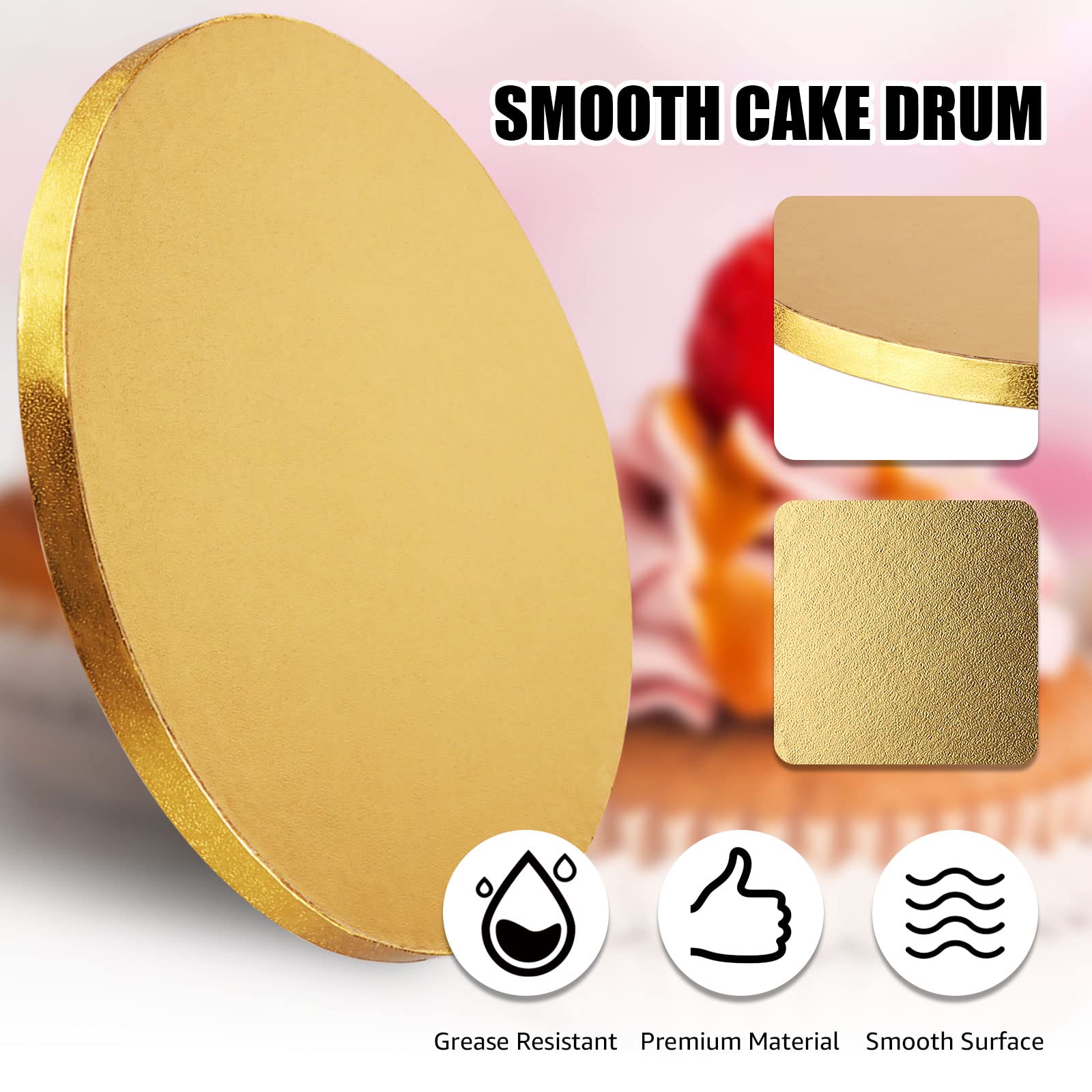 ABuff 8 Pack 12 inch Cake Drum Gold Cake Boards Round, Sturdy 1/2 Inch Thick Cake Drums Round Cake Board Greaseproof Foil Plate, Disposable Birthday Cake Drums for Heavy Or Multi-Tiered Cakes