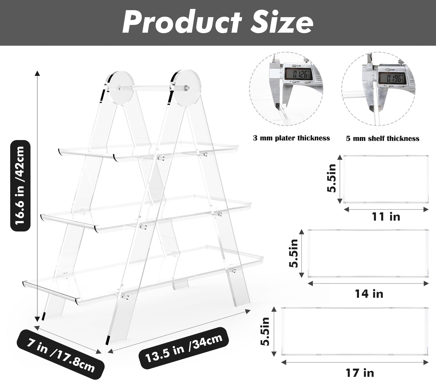 Koluti 3 Tier Serving Tray Stand, Solid Acrylic Rectangle Platter Display for Party, Foldable Three Tiered Plant Stand Board Ladder Shelf Decor, Detachable Trays Cupcake Fruit Food Plant Countertop