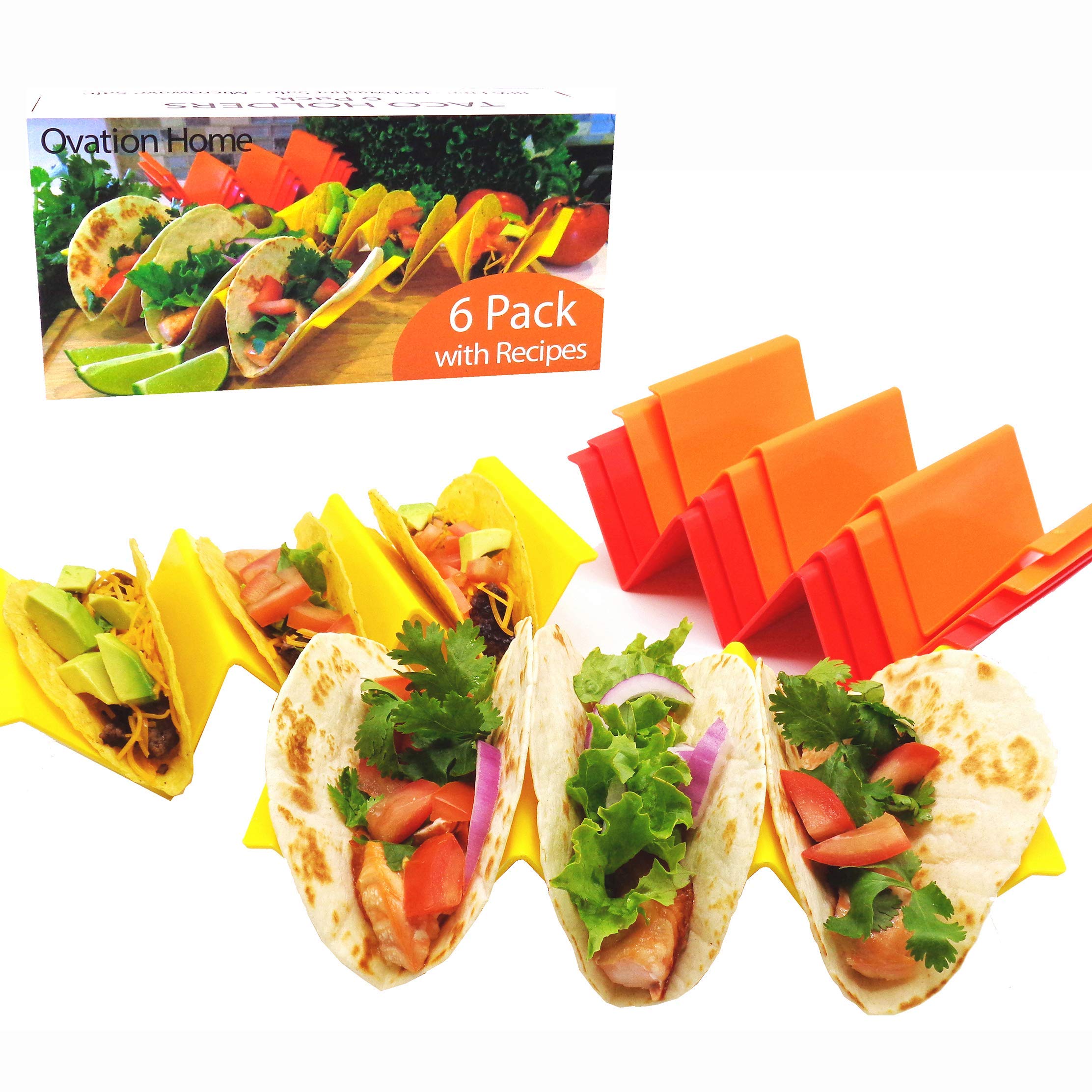 Colorful PP Plastic Taco Holders with Free Recipe Ideas, Premium Tray Plates Holds Up to 3 Tacos Each (Six Pack)