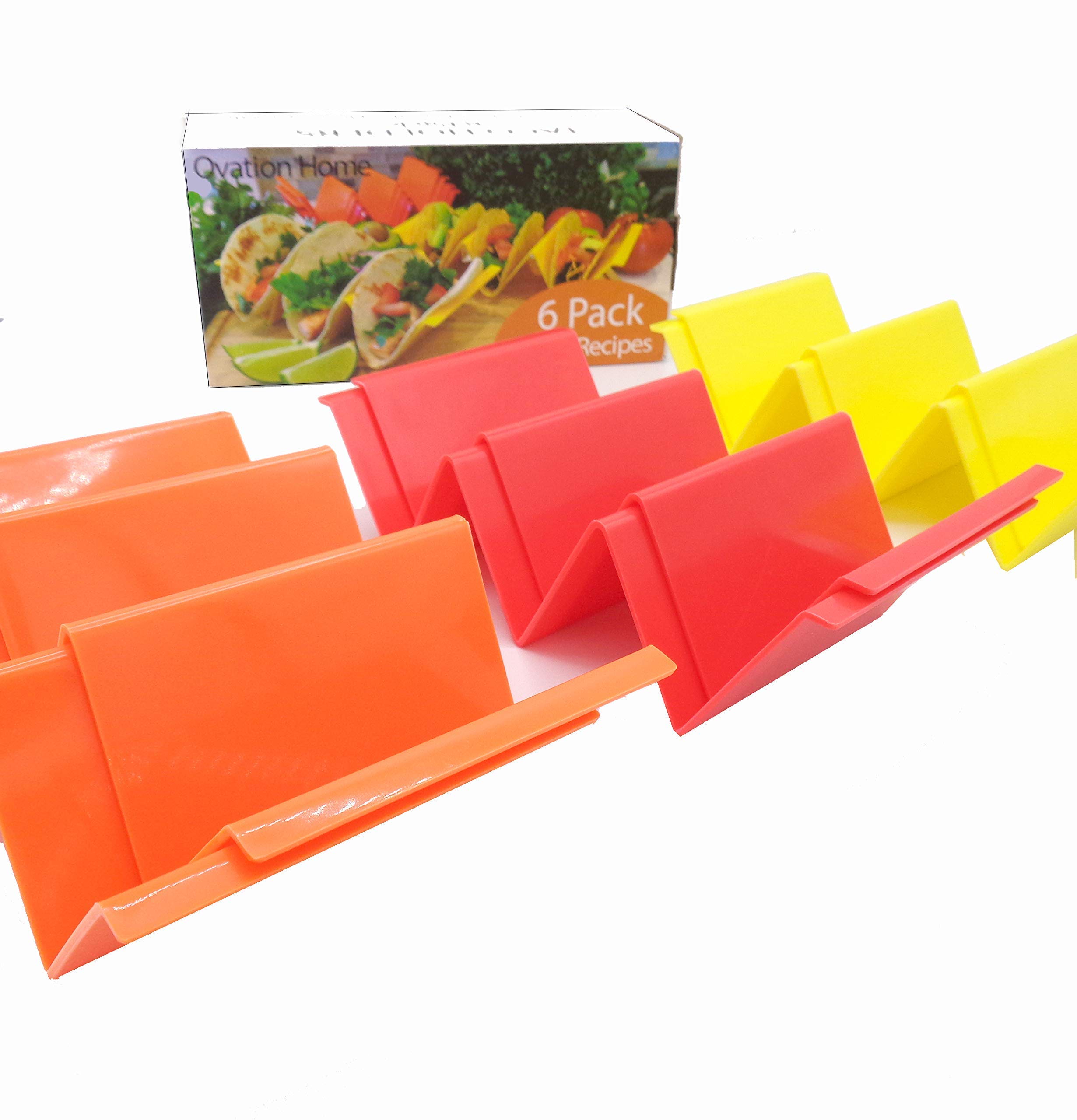 Colorful PP Plastic Taco Holders with Free Recipe Ideas, Premium Tray Plates Holds Up to 3 Tacos Each (Six Pack)