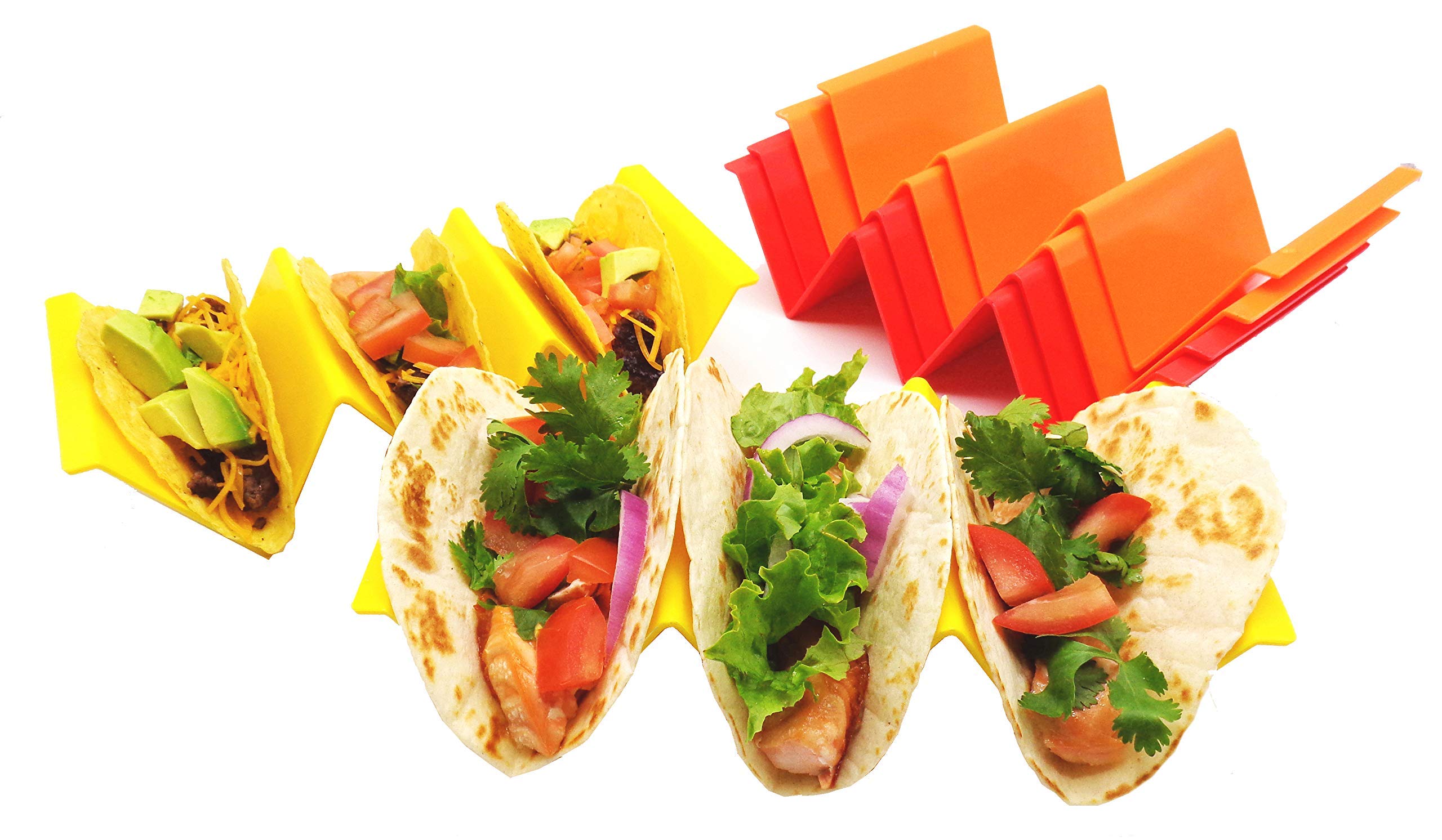 Colorful PP Plastic Taco Holders with Free Recipe Ideas, Premium Tray Plates Holds Up to 3 Tacos Each (Six Pack)