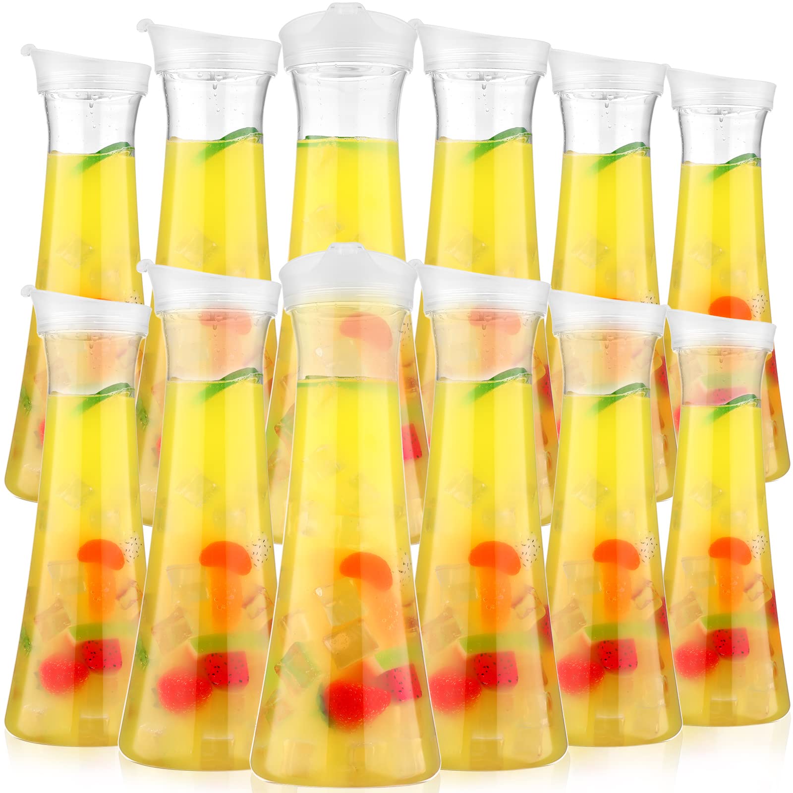 12 Pcs Water Carafe with Flip Tab Lid 34oz Clear Plastic Water Juice Pitcher Heavy Duty Drink Containers Jugs for Fridge for Mimosa Bar, Brunch, Cold Water, Juice, Wine, Milk, Iced Tea, Lemonade