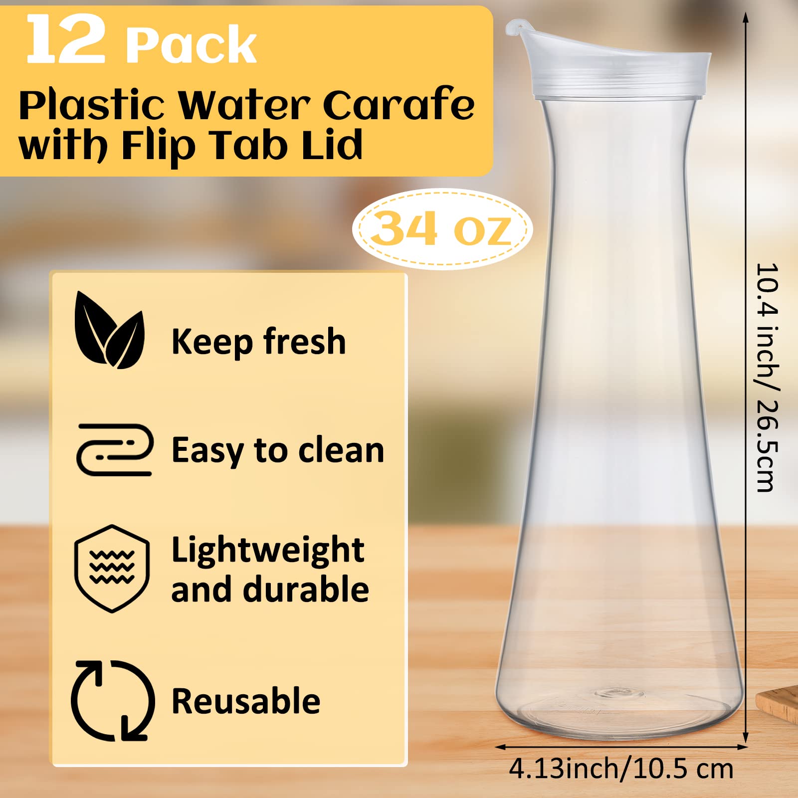 12 Pcs Water Carafe with Flip Tab Lid 34oz Clear Plastic Water Juice Pitcher Heavy Duty Drink Containers Jugs for Fridge for Mimosa Bar, Brunch, Cold Water, Juice, Wine, Milk, Iced Tea, Lemonade