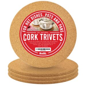 rebl large cork trivets for hot dishes (8 inch) thick cork coaster - cork trivet hot pads - cork plant mats - trivets for hot pots and pans - kitchen counter - pot coasters - hot pan coaster (4-pack)