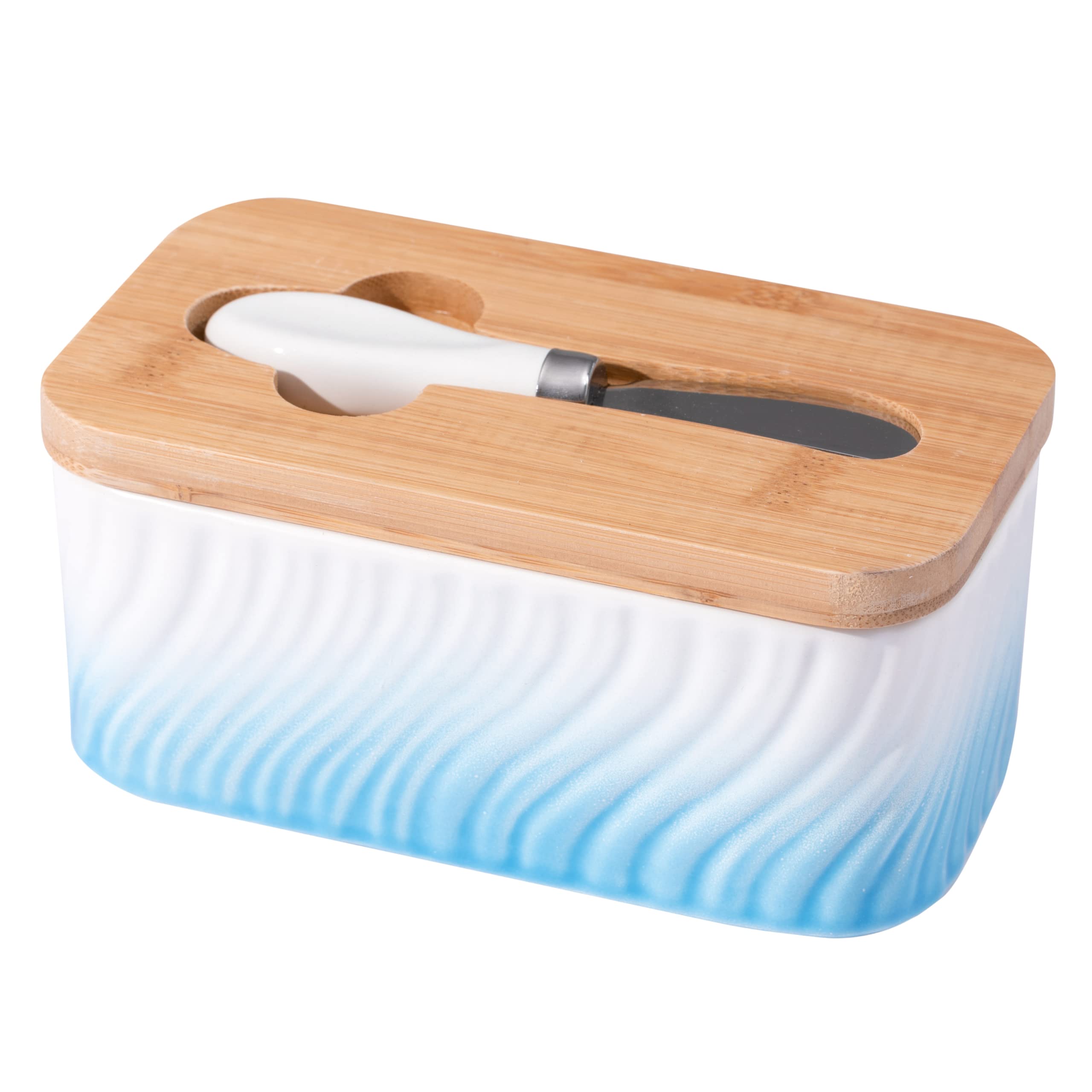 Lumicook Large Ceramic Butter Dish with Wooden Lid, Large Butter Container Keeper Storage with Stainless Steel Butter Knife Spreader, Holds 2 Stick of Butter Unique Swirl Pattern (Blue)