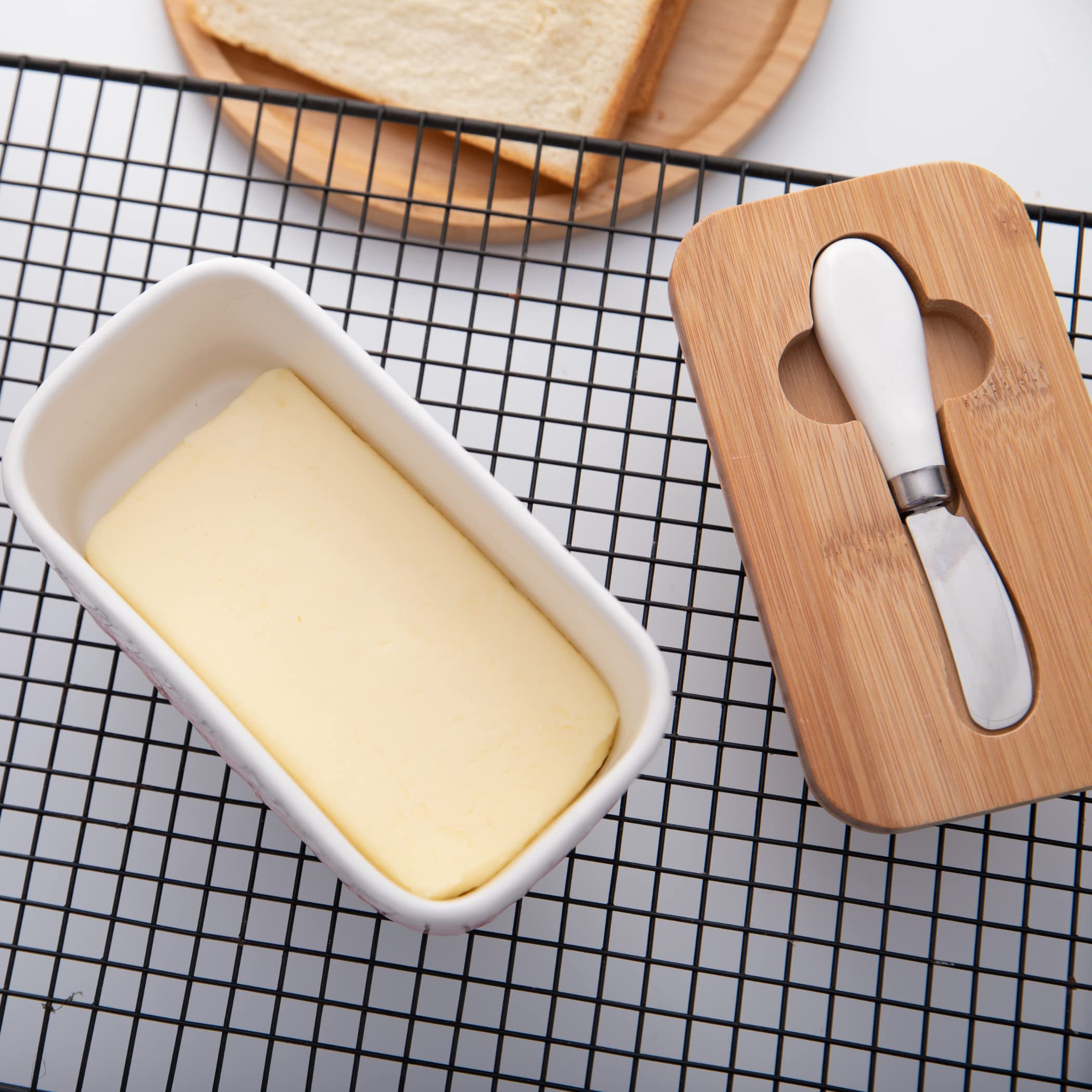 Lumicook Large Ceramic Butter Dish with Wooden Lid, Large Butter Container Keeper Storage with Stainless Steel Butter Knife Spreader, Holds 2 Stick of Butter Unique Swirl Pattern (Blue)