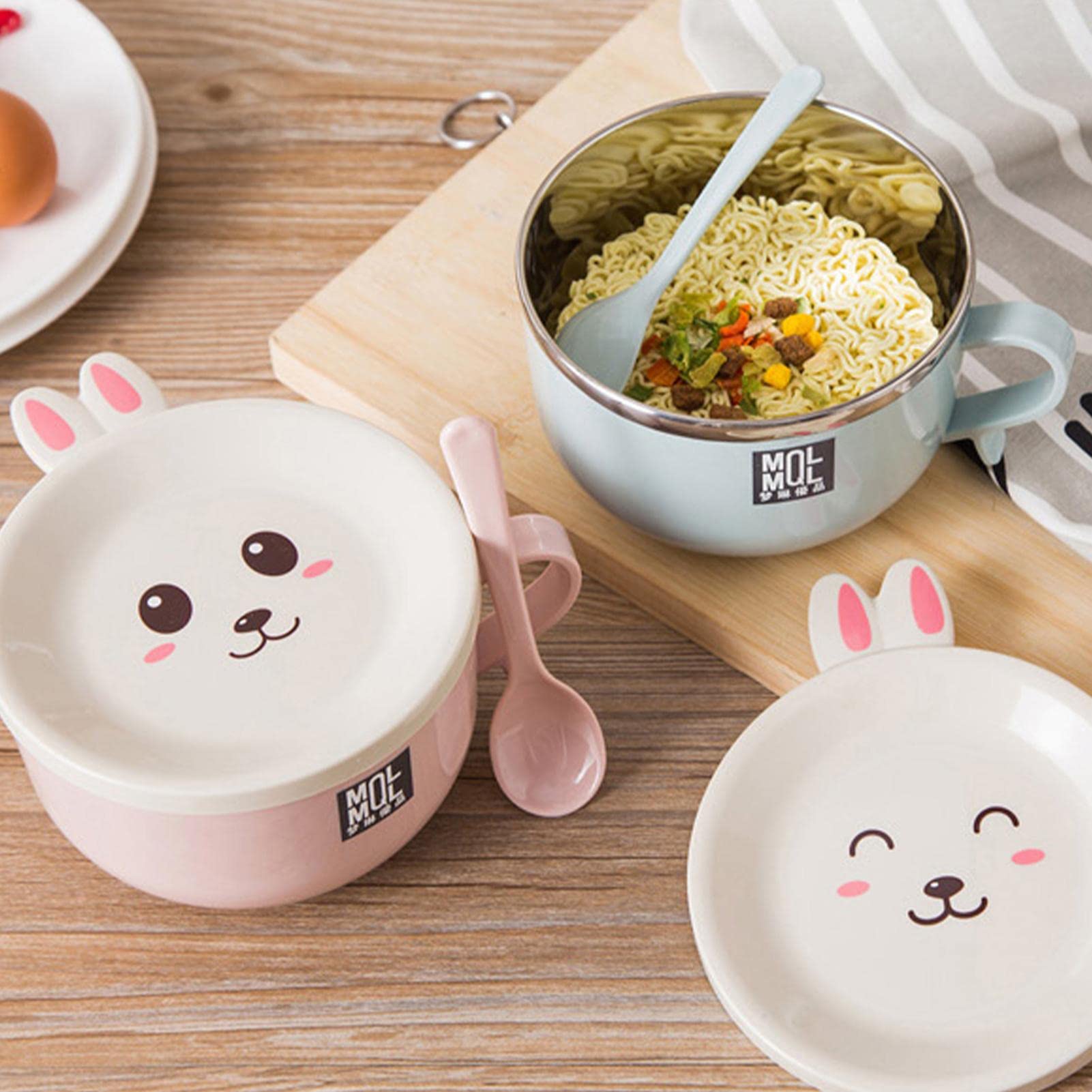 Noodle Bowl, Rabbit Stainless Steel Bowl Cartoon, Rabbit Bowl Double-layer Insulated Cutlery Large Capacity Pancake Omelette Shaper for Pho, Noodle, Udon Swan-us