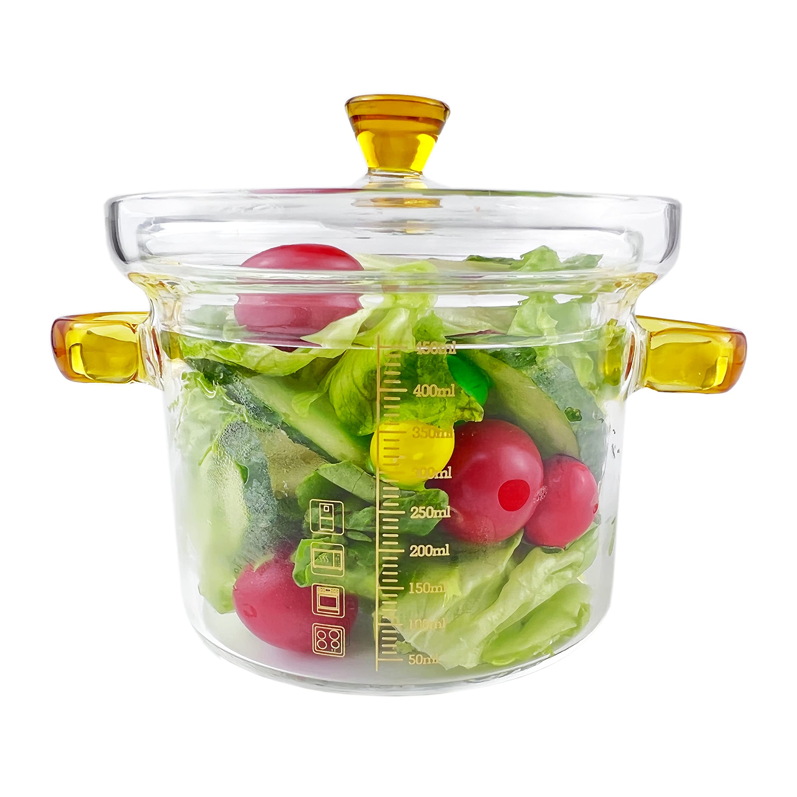 DEESUNG Glass Bowl with Handles and Lid, 15 OZ, With Measurement Marks, Food Grade High Borosilicate Glass, Measure Bowl, Bowl for Cereal, Dessert, Pasta, Salad and Soup