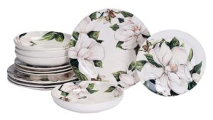 bico magnolia floral ceramic 12 pcs dinnerware set, service for 4, inclusive of 11 inch dinner plates, 8.75 inch salad plates and 35oz pasta bowls, for party, microwave & dishwasher safe