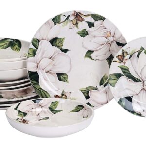 Bico Magnolia Floral Ceramic 12 pcs Dinnerware Set, Service for 4, Inclusive of 11 inch Dinner Plates, 8.75 inch Salad Plates and 35oz Pasta Bowls, for Party, Microwave & Dishwasher Safe