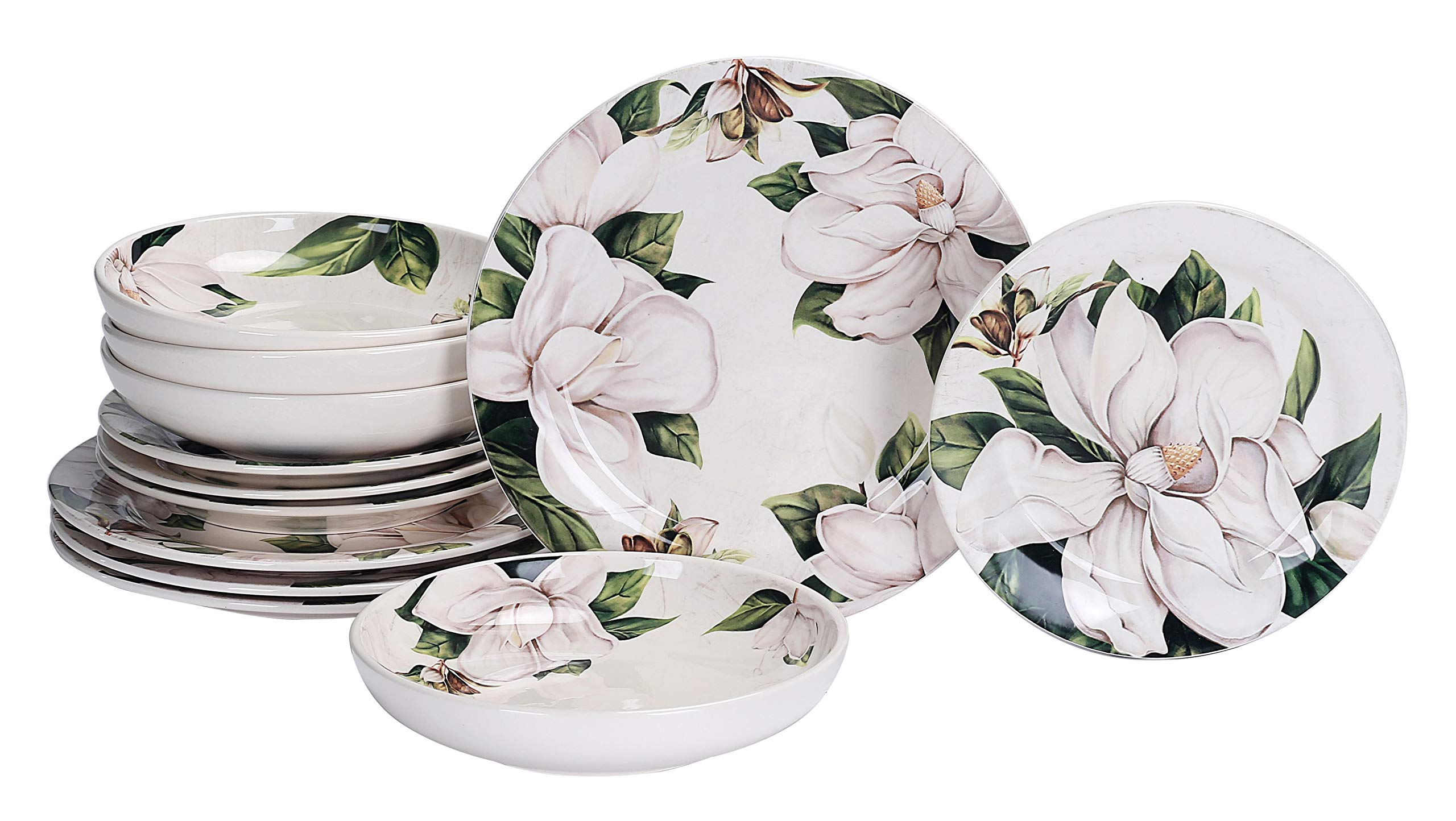 Bico Magnolia Floral Ceramic 12 pcs Dinnerware Set, Service for 4, Inclusive of 11 inch Dinner Plates, 8.75 inch Salad Plates and 35oz Pasta Bowls, for Party, Microwave & Dishwasher Safe