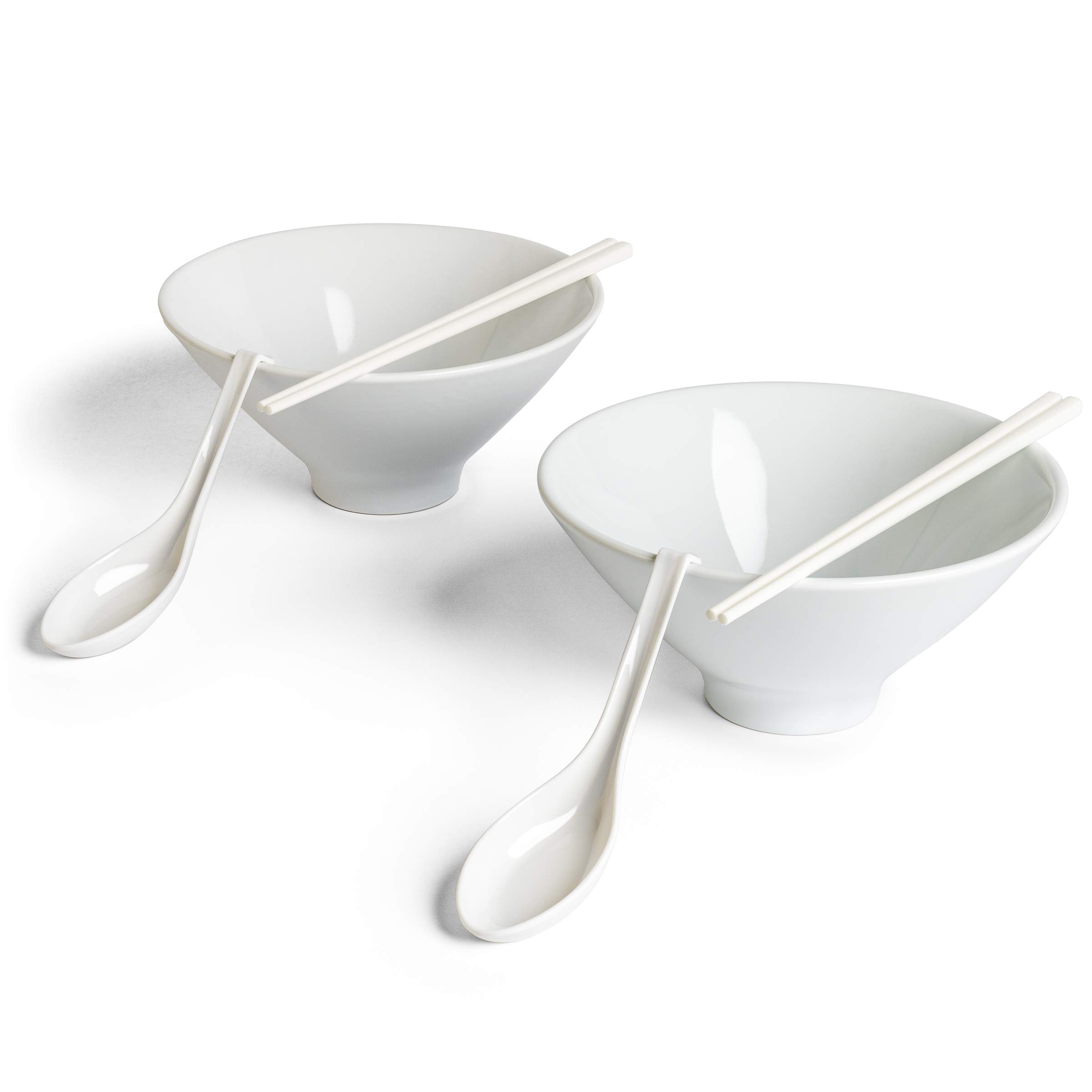 Crane & Lotus Two Sets of 32 oz. Porcelain Ramen Bowls, 2 Chopstick Pairs, and 2 Spoons