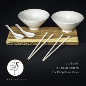 Crane & Lotus Two Sets of 32 oz. Porcelain Ramen Bowls, 2 Chopstick Pairs, and 2 Spoons