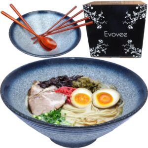 evovee japanese ramen bowls and spoons set 60 oz ceramic extra large asian noodle bowls ramen bowls and chopsticks and spoons set of 2 japanese bowls pho bowl ramen bowl set 9 inch blue
