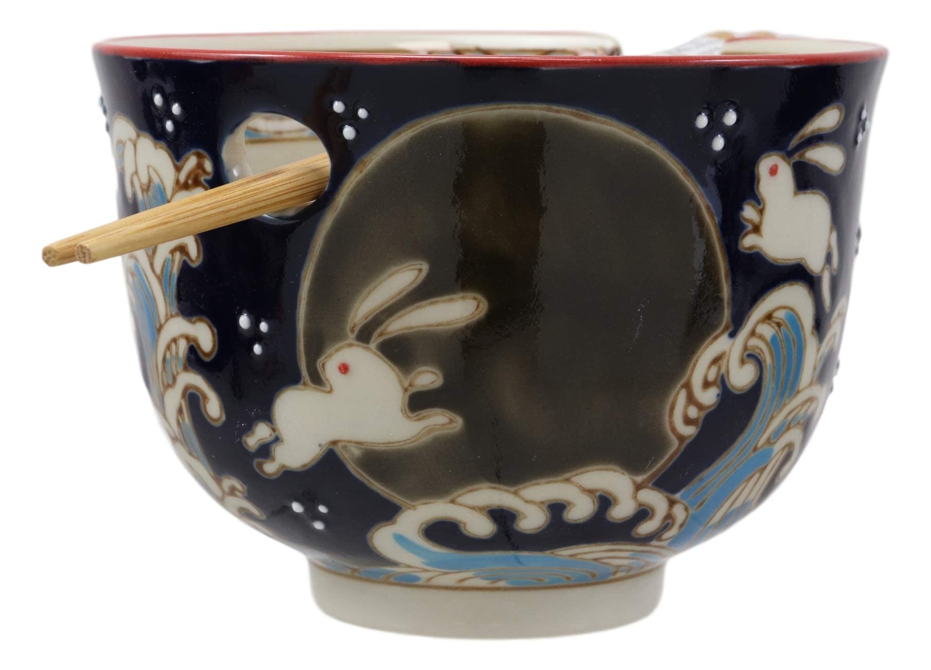 Ebros Gift Rabbits Jumping Over The Full Moon Ramen Udong Noodles 5" Diameter Bowl With Built In Chopsticks Rest and Bamboo Chopstick Set for Dining Soup Rice Meal Bowls Decor Kitchen