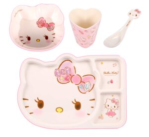 hello kitty cute deluxe pink dinnerware flatware meal set – plate bowl cup spoon, 4 pieces