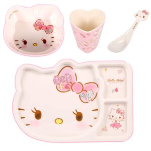 Hello Kitty Cute Deluxe Pink Dinnerware Flatware Meal Set – Plate Bowl Cup Spoon, 4 pieces