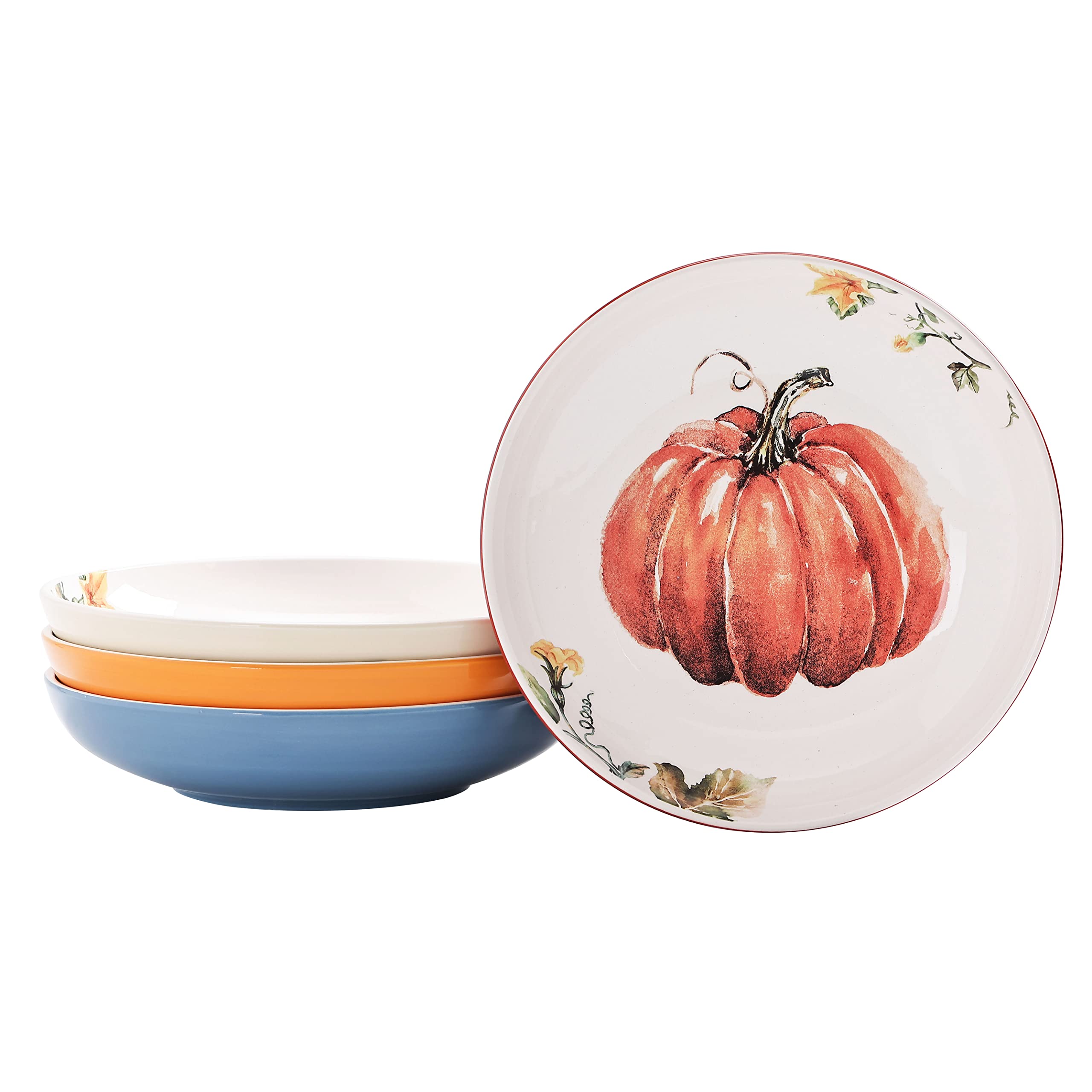 Bico Pumpkin Feast Ceramic 35oz Dinner Bowls, Set of 4, for Pasta, Salad, Cereal, Soup & Microwave & Dishwasher Safe