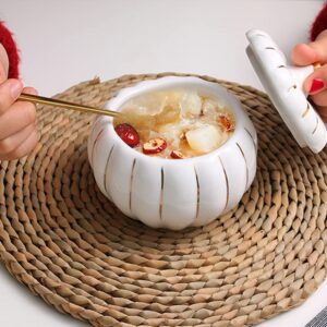 Luxshiny 2pcs Soup Bowls with Lid, Steamed Egg Bowl Pumpkin Ceramic Bowl Serving Bowls for Home Kitchen (White)