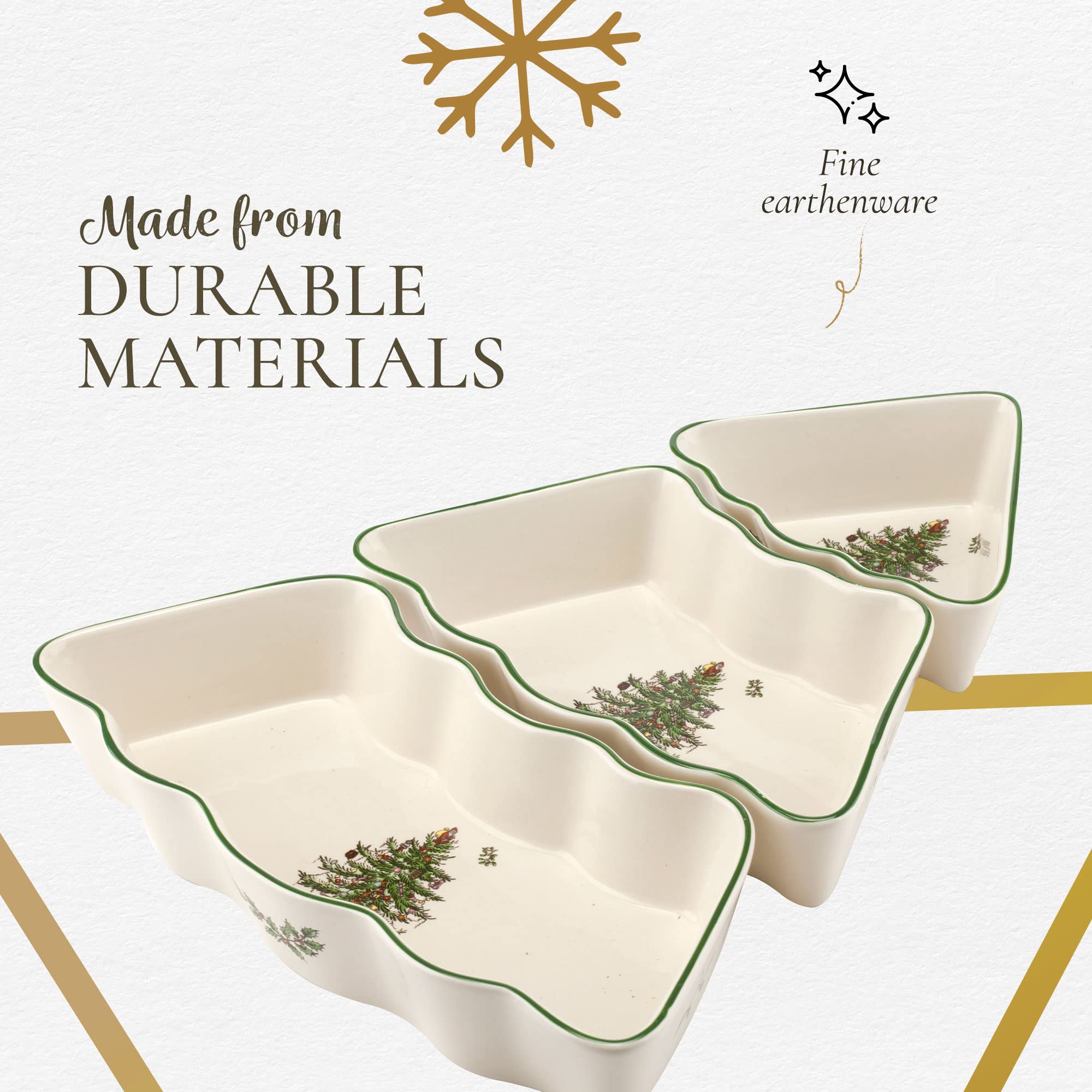 Spode Christmas Tree 3-Piece Dip Bowl Set | Ceramic Dipping Bowls | Christmas Dip Bowls | Salsa Bowls for the Holidays | Dishwasher Safe Sauce Bowls | Sauce Dish - Set of 3, 2'' x 11'' x 9.5''