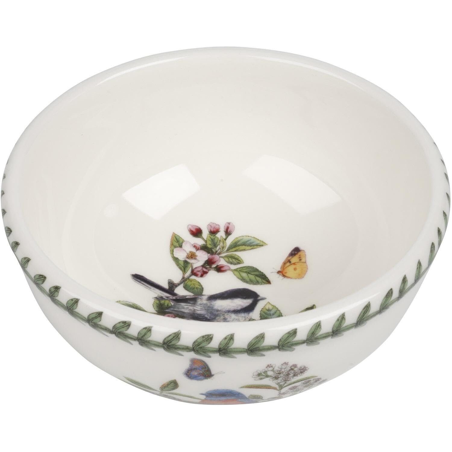 Portmeirion Botanic Garden Birds Fruit Bowl | 5.5 Inch Dessert Bowl with Chickadee Motif made of Fine Earthenware | Dishwasher and Microwave Safe | Made in England