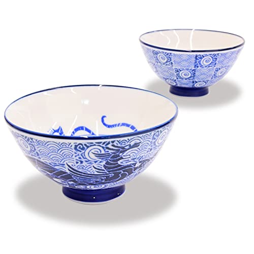 Mino Ware Rice Bowl Set, 4.8 inch, Dragon Design, Indigo Blue, Japanese Ceramic Bowls, 6.8 oz, Set of 2