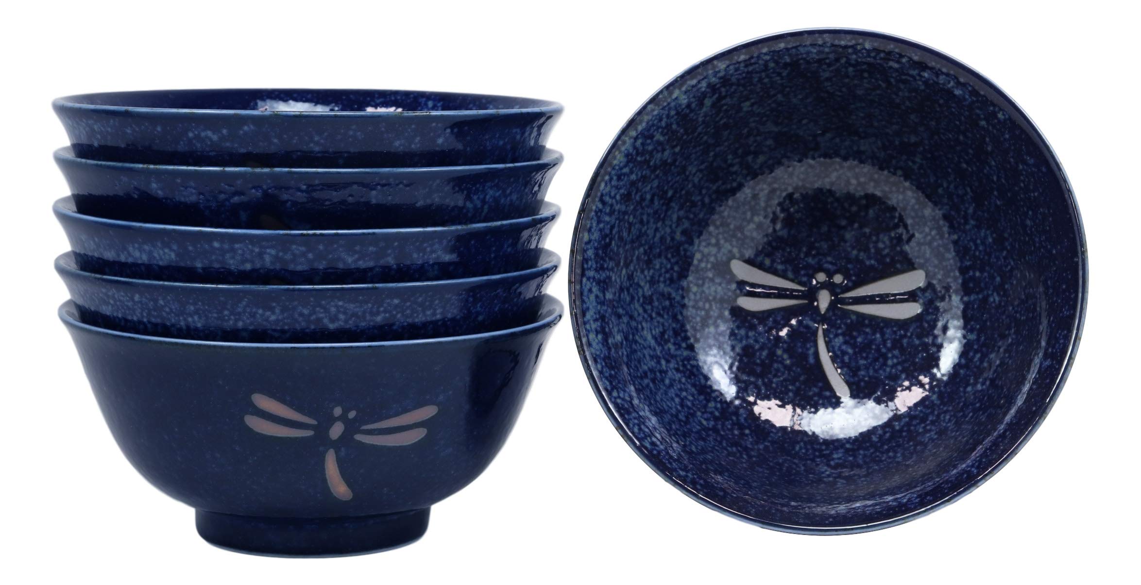 Ebros Gift Made in Japan Blue Tombo Dragonfly Design Ochawan Rice Soup Porcelain Bowls Set of 6 Home Decor Japanese Zen Fusion Asian Living Accent Housewarming Birthday Gifts Bowl Set