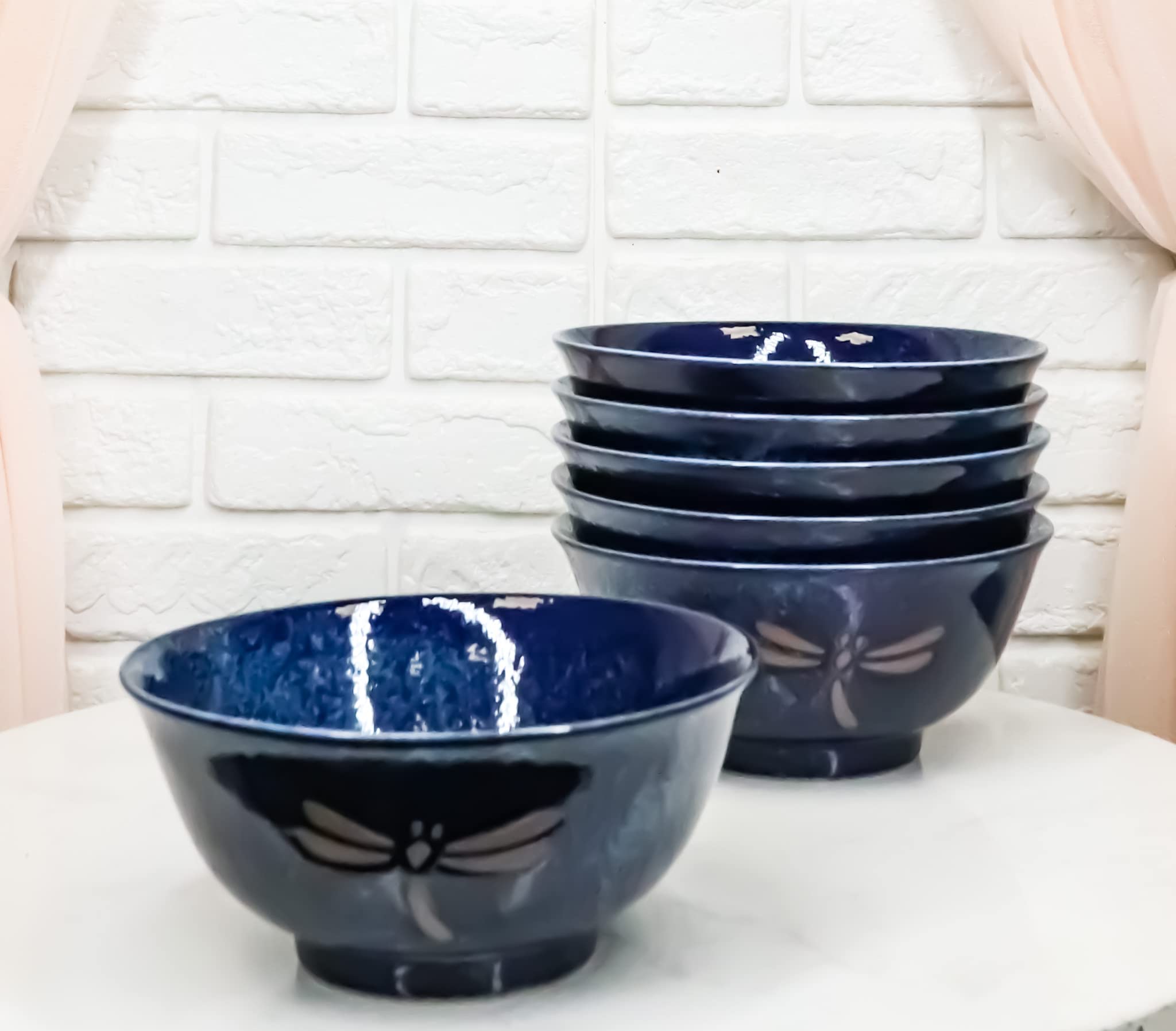 Ebros Gift Made in Japan Blue Tombo Dragonfly Design Ochawan Rice Soup Porcelain Bowls Set of 6 Home Decor Japanese Zen Fusion Asian Living Accent Housewarming Birthday Gifts Bowl Set