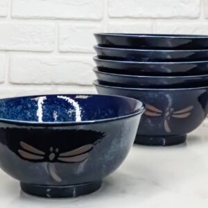 Ebros Gift Made in Japan Blue Tombo Dragonfly Design Ochawan Rice Soup Porcelain Bowls Set of 6 Home Decor Japanese Zen Fusion Asian Living Accent Housewarming Birthday Gifts Bowl Set