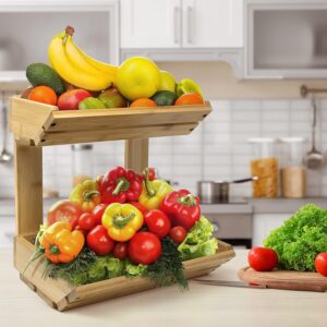 Sorbus Bamboo Fruit Vegetable Basket Kitchen Counter Stand 2 Tier Rack, Home Storage Tiered Bowl Display Tray Holder for Bread, Fruit, Vegetables & Snacks