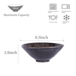 Uaral Japanese Ramen Bowl Set, 34 Ounces Black Pho Bowl Soup Bowls Ceramic Large Salad Bowl Set of 2(Emboss&Black)