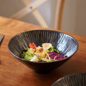 Uaral Japanese Ramen Bowl Set, 34 Ounces Black Pho Bowl Soup Bowls Ceramic Large Salad Bowl Set of 2(Emboss&Black)