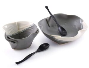 contemporary twist salad and soup bowl set in grey/white, handmade pottery