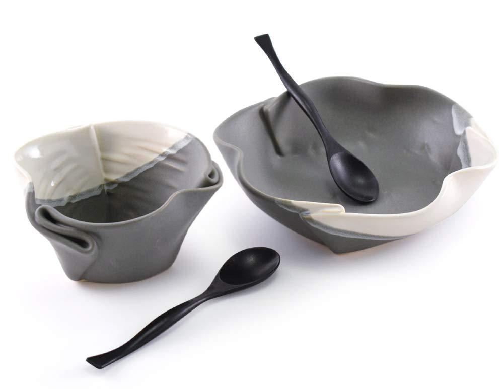 Contemporary Twist Salad and Soup Bowl Set in Grey/White, Handmade Pottery