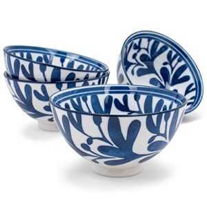nat & jules leaves white and blue 18 ounce ceramic cereal ramen bowls set of 4