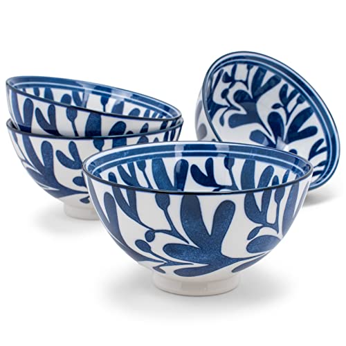 Nat & Jules Leaves White and Blue 18 ounce Ceramic Cereal Ramen Bowls Set of 4