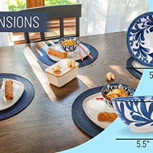 Nat & Jules Leaves White and Blue 18 ounce Ceramic Cereal Ramen Bowls Set of 4