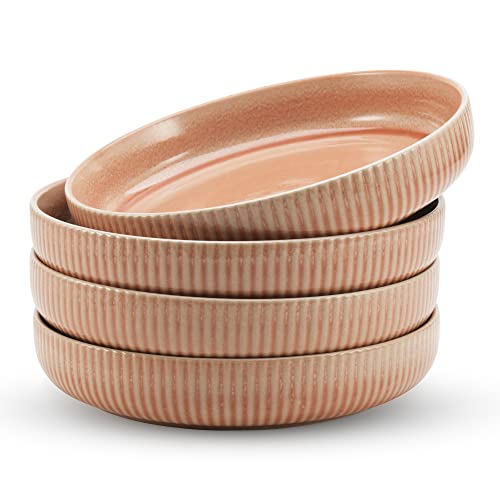 American Atelier Large Pasta Bowls Set of 4-40 oz, Microwave and Dishwasher Safe, Wide Shallow Stoneware Salad Bowl Set, Plates for Serving Dinner, Kitchen, and Eating (Blush)