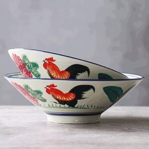 Kichvoe 7Inch Japanese Porcelain Bowl Ceramic Ramen Bowl Retro Rooster Pattern Serving Bowl For Salad Soup Rice