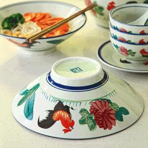 Kichvoe 7Inch Japanese Porcelain Bowl Ceramic Ramen Bowl Retro Rooster Pattern Serving Bowl For Salad Soup Rice