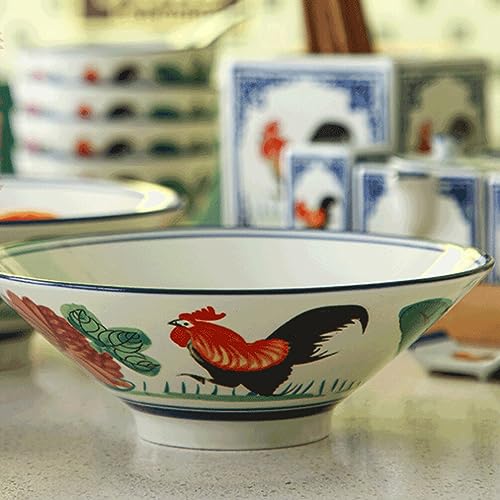 Kichvoe 7Inch Japanese Porcelain Bowl Ceramic Ramen Bowl Retro Rooster Pattern Serving Bowl For Salad Soup Rice