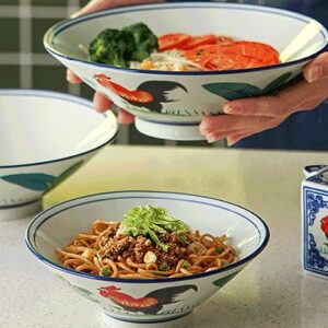 Kichvoe 7Inch Japanese Porcelain Bowl Ceramic Ramen Bowl Retro Rooster Pattern Serving Bowl For Salad Soup Rice