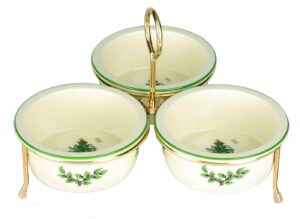 spode christmas tree 3 bowl set with gold metal stand, green